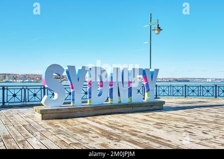 Das Schild befindet sich am Ufer von Sydney Nova Scotia an der Promenade. Stockfoto