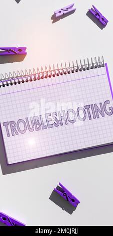 Textzeichen für Fehlerbehebung. Geschäftsüberblick eine Untersuchung oder Behandlung der Probleme ist aufgetreten Stockfoto