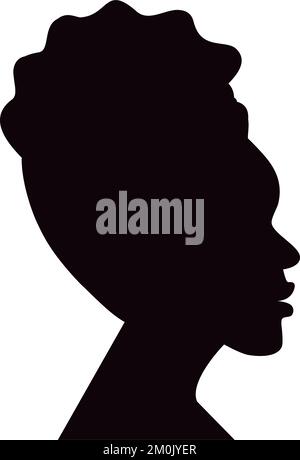 Profilbild-Silhouette einer afroamerikanischen Frau mit lockigem Haar nach oben gezogen. Aufkleber. Symbol. Isolieren. Geeignet für Buchstaben, Banner, Poster, Karten, Einladungen oder Grußkarten, Etikett und Preisschild. EPS Stock Vektor