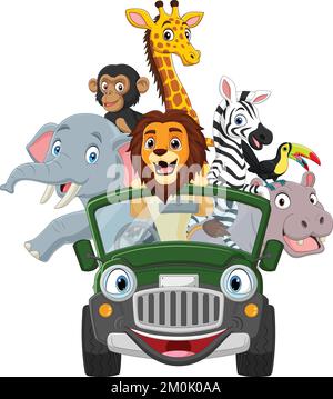 Wilde Cartoon-Tiere, die in einem grünen Auto reiten Stock Vektor