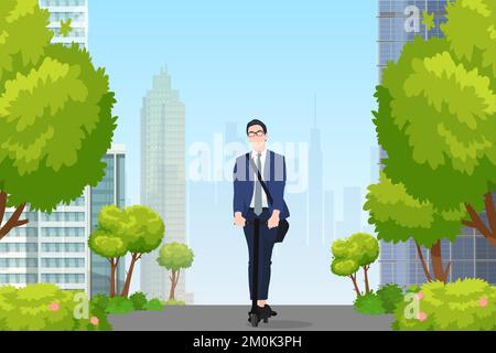 Junger asiatischer Geschäftsmann, der mit dem Scooter in die Stadt pendelt Stock Vektor