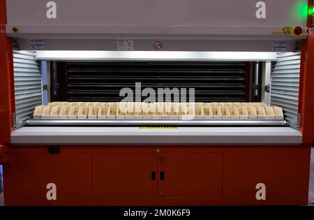 Vertikale Aufbewahrung Ergonomische Lösung. Automatisiertes Lager- und Abrufsystem. Modernes Industrielager. Stockfoto