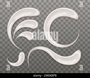 Realistische Creme verschmiert PNG-Gruppe isoliert auf transparentem Hintergrund. Vektordarstellung abstrakter glänzender Kosmetik- oder Süßwarensubstanz oder weißer Farbflecken, die auf der Oberfläche verschmiert sind Stock Vektor