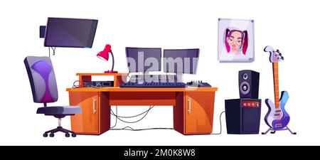 Musikstudio mit Zimmerausstattung. Arbeitsplatz von Plattenproduzenten oder Audioingenieuren, Innenraum im Kontrollraum mit Sessel in der Nähe der Mischkonsole, Lautsprecher, Verstärker und digitale Anzeige, Cartoon-Vektordarstellung Stock Vektor