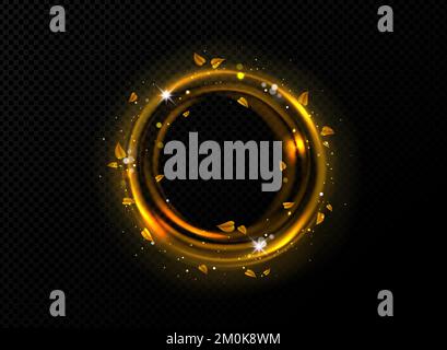 Glänzender, heller Kreisrahmen mit gelbem Blattbild auf transparentem Hintergrund isoliert. Realistische Vektordarstellung goldener runder Rahmen mit Blättern und schimmernden Staubpartikeln, die in der Dunkelheit fliegen Stock Vektor