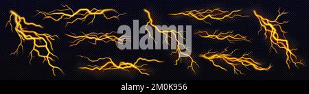 Set von gelben Blitzen, elektrische Gewitter schlagen während des nächtlichen Sturms. Starke elektrische Entladung, Aufprall, Riss, magische Energie Blitz. Realistische 3D-Vektor-Schrauben isoliert auf schwarzem Hintergrund Stock Vektor