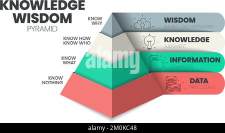 Infografik zur Hierarchie der Wissenswissenschaft Vorlage mit Icon has Wisdom (gemeinsames Verständnis), Knowledge (Beurteilung), Information (Kognition), Data (Proc Stock Vektor