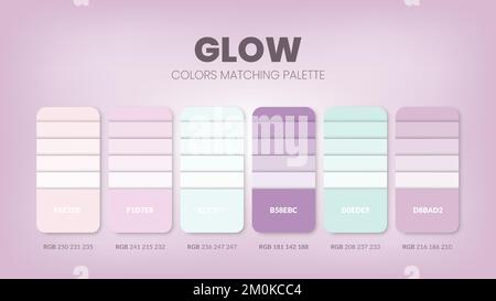 Farbpalette in einer Kollektion mit Farbmotiven „Glow“. Diagrammvorlage für Farbschema oder Farben. Farbkombinationen aus RGB-, HSL- und HEX-Codes. Farbmuster Stock Vektor