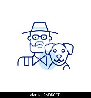 Der ältere Mann mit Bauernhut und sein Hund. Symbol für Tierbesitzer. Pixelgenaue, bearbeitbare Strichzeichnungen Stock Vektor