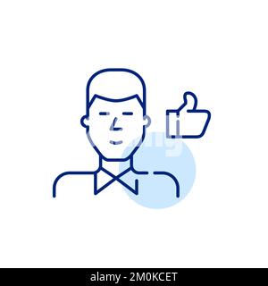 Positives Kundenfeedback. Junger Mann in Hemd und Krawatte. Pixelgenaue, bearbeitbare Konturlinie Stock Vektor
