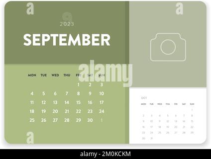 September 2023. Kreativer Vektor für monatliche Kalendervorlage mit minimalem Geschäftsvolumen 2023. Schreibtisch, Wandkalender für Druck, digitaler Kalender oder Planer. Stock Vektor