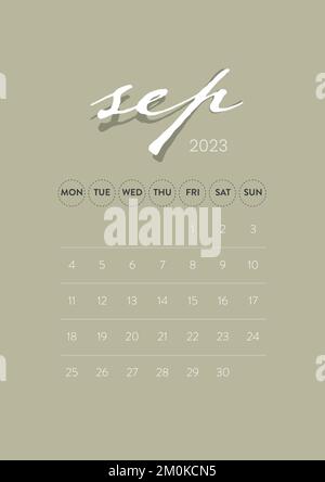 September 2023. Kreativer Vektor für monatliche Kalendervorlage mit minimalem Geschäftsvolumen 2023. Schreibtisch, Wandkalender für Druck, digitaler Kalender oder Planer. Stock Vektor