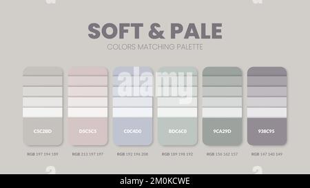 Farbpalette in weichen und blassfarbenen Kollektionen. Diagrammvorlage für Farbschema oder Farben. Farbkombinationen aus RGB-, HSL- und HEX-Codes. Farbe Stock Vektor