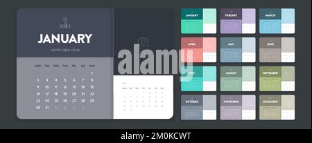 Kreativer Vektor für monatliche Kalendervorlage mit minimalem Geschäftsvolumen 2023. Schreibtisch, Wandkalender für Druck, digitaler Kalender oder Planer. Die Woche beginnt am Montag. Stock Vektor