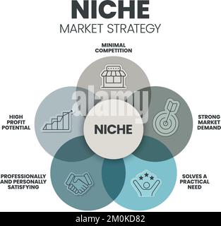 Präsentationsvorlage für die Infografik zur Marktstrategie für Nischenmärkte mit Symbolen wie Wettbewerb, Marktnachfrage, praktischer Bedarf, hohes Gewinnpotenzial, Beruf Stock Vektor