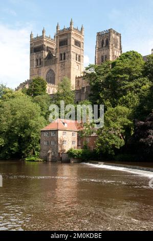 Durham Cathedral and River Wear, Durham, Co Durham, Tyne and Wear, Großbritannien. Durham Cathedral ist eine normannische Kathedrale, die zwischen 1093 und 1133 in der Mitte erbaut wurde Stockfoto