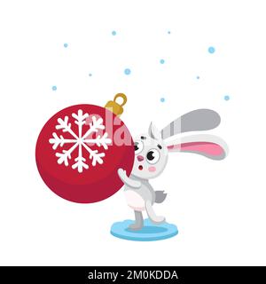 Jahr des Kaninchen-Zodiac. Hase hält den roten Weihnachtsspielzeugball mit einer Schneeflocke. Weihnachten, chinesisches Neujahrsbild. Vektorkartoon-Kaninchen. Zeichen, Stock Vektor
