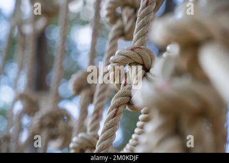 Klettern Sie ein Netz Nahaufnahme Klettern Sie das Netz, wählen Sie Fokus Grüner Naturhintergrund. Stockfoto