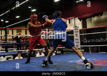 Lubbock, TX, USA. 6.. Dezember 2022. Kooper Pardee aus Cleveland, TN (Blau), im Kampf gegen Moses Garcia (Rot) aus Harlingen, TX, in einem Elite Male 147lb-Kampf. Pardee gewann den Wettbewerb durch Entscheidung. (Kreditbild: © Adam DelGiudice/ZUMA Press Wire) Stockfoto