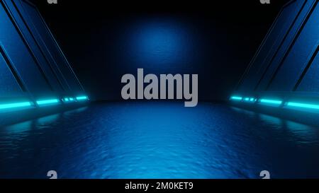 3D-Darstellung des Raumschiffkorridors mit blauem Neonhintergrund. Szene für Werbung, Technologie, Ausstellungsraum, Banner, Spiel, Sport, Kosmetik, Geschäft Stockfoto
