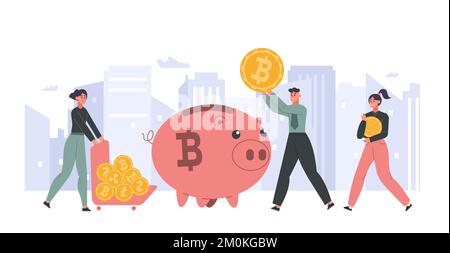 Kryptowährungskonzept. Leute, die Goldmünzen ins Sparschwein stecken. Weibliche und männliche Figuren sammeln Geld Stock Vektor