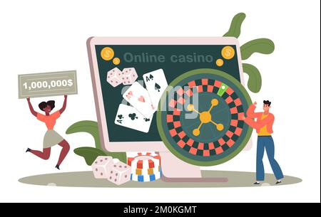 Gewinner des Internet-Casinos. Leute, die im Online-Casino Poker oder Roulette spielen. Glückliche weibliche Figur gewinnt Preis Stock Vektor