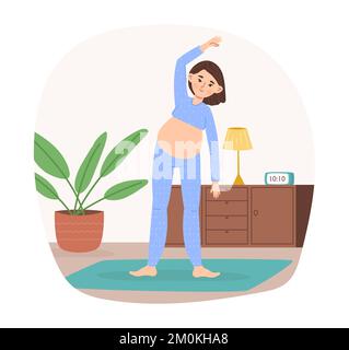 Schwangere Frau, die Yoga praktiziert. Weibliche Figur mit Bauch, die zu Hause Sport macht. Junge aktive Person, die trainiert Stock Vektor