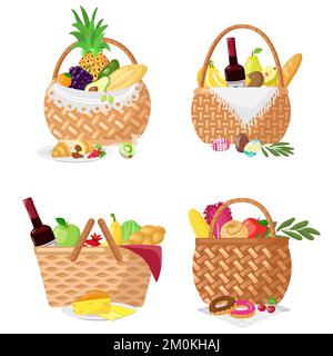 Picknickkörbe. Weidenbehälter mit Obst, Gemüse, Brot und einer Flasche Wein. Köstliches Essen in einem Strohkorb Stock Vektor
