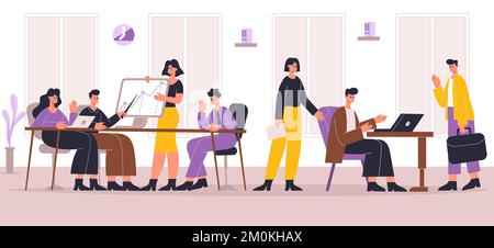 Professionelle Teamarbeit. Beschäftigte Mitarbeiter, die im Büro arbeiten. Kollege sitzt am Schreibtisch und führt ein Brainstorming durch Stock Vektor