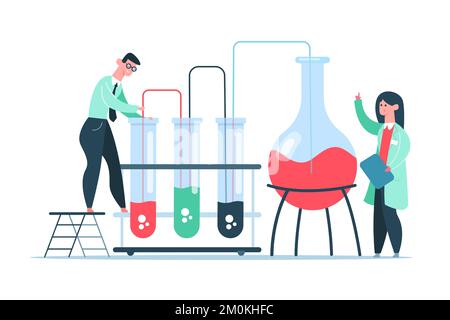 Wissenschaftliche Laborforschung. Wissenschaftler, die mit Laborgeräten experimentieren. Arbeiter, die mit Flüssigkeiten arbeiten Stock Vektor