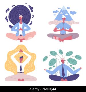 Mitarbeiter meditieren in Yoga-Lotus-Pose. Mann und Frau Büroangestellte, die Yoga praktizieren, in Zen-Position sitzen, Stress abbauen Stock Vektor