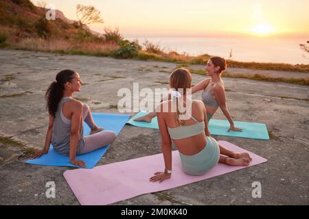 Yoga-Frauen, die sich nach dem Training im Freien in abgelegener Natur auf Matten zusammensetzen. Eine vielfältige Gruppe junger, aktiver, lächelnder Freunde Stockfoto