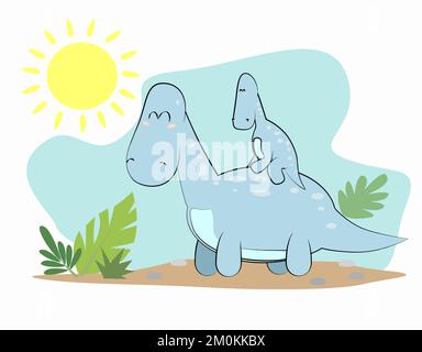 Dinosaurier-Vater reitet das Baby in blauem Hintergrund und in der Sonne Stock Vektor