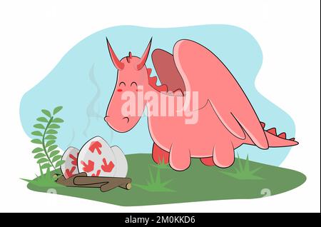 Die Drachenmutter flog zu den Baby-Eiern Stock Vektor