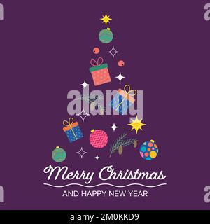 Das Bild des weihnachtsbaums besteht aus Sternen, Zweigen mit Zapfen, Heidelbeeren, Geschenken und Glaskugeln Stock Vektor