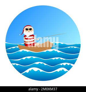 Santa Claus angeln auf dem Boot im Meer. Vektordarstellung. Stock Vektor