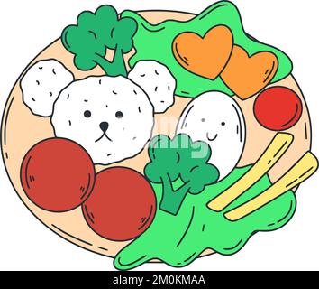 Bento mit Reis, Fleisch, Ei, Salat und gemüsefarbenem Doodle. Japanisches Gericht im Kawaii-Stil. Asiatische Nahrungsmittel-isolierte Vektordarstellung. Mittagessen Stock Vektor
