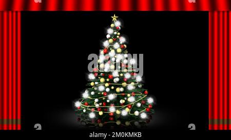 3D Abbildung. Weihnachten. Der rote Vorhang öffnet sich und entdeckt dekorierten und beleuchteten Weihnachtsbaum. Stockfoto