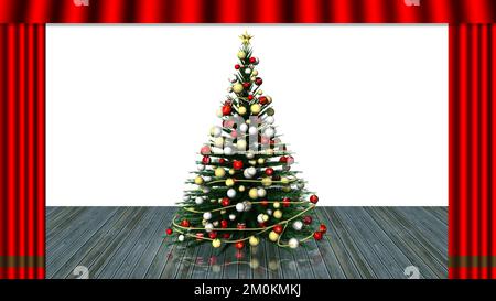 3D Abbildung. Weihnachten. Der rote Vorhang öffnet sich und entdeckt dekorierten und beleuchteten Weihnachtsbaum. Stockfoto