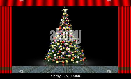 3D Abbildung. Weihnachten. Der rote Vorhang öffnet sich und entdeckt dekorierten und beleuchteten Weihnachtsbaum. Stockfoto