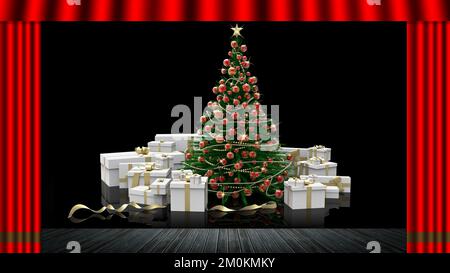 3D Abbildung. Weihnachten. Der rote Vorhang öffnet sich und entdeckt dekorierten und beleuchteten Weihnachtsbaum. Unter der Tanne die Pakete mit Weihnachtsgeschenken. Stockfoto