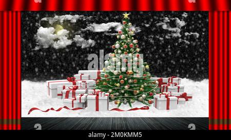 3D Abbildung. Weihnachten. Der rote Vorhang öffnet sich und entdeckt dekorierten und beleuchteten Weihnachtsbaum. Unter der Tanne die Pakete mit Weihnachtsgeschenken. Stockfoto
