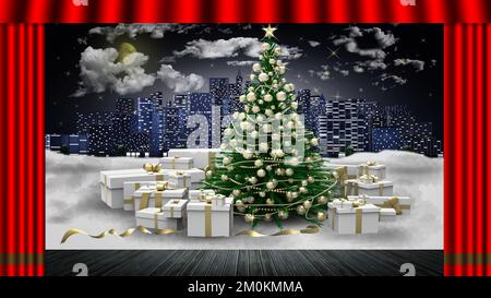 3D Abbildung. Weihnachten. Der rote Vorhang öffnet sich und entdeckt dekorierten und beleuchteten Weihnachtsbaum. Unter der Tanne die Pakete mit Weihnachtsgeschenken. Stockfoto