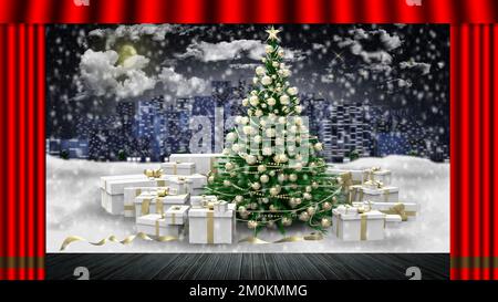 3D Abbildung. Weihnachten. Der rote Vorhang öffnet sich und entdeckt dekorierten und beleuchteten Weihnachtsbaum. Unter der Tanne die Pakete mit Weihnachtsgeschenken. Stockfoto