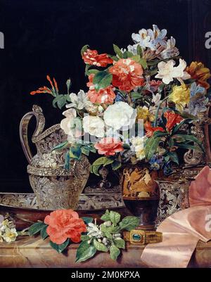 Ferdinand Georg Waldmüller, Bouquet mit silbernen Gefäßen und antiker Vase, Still Life Malerei in Öl auf Holz, ca. 1840 Stockfoto