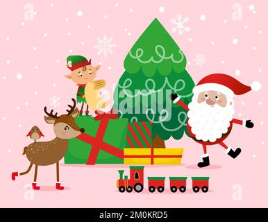 Weihnachtsszene - die kleinen Helfer des Weihnachtsmanns im Cartoon-Stil. Frohe Weihnachten und Frohes neues Jahr. Lustige Figuren in der Werkstatt des Weihnachtsmanns. Stock Vektor