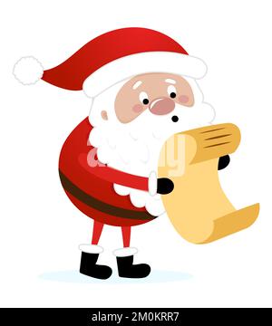 Der Weihnachtsmann überprüft die Liste der Unartigen - eine Illustration im Cartoon-Stil. Frohe Weihnachten und Frohes neues Jahr. Lustige Figuren in der Werkstatt des Weihnachtsmanns. Stock Vektor