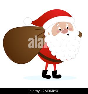 Der Weihnachtsmann trägt die Geschenke - eine Illustration im Cartoon-Stil. Frohe Weihnachten und Frohes neues Jahr. Lustige Figuren in der Werkstatt des Weihnachtsmanns. Stock Vektor