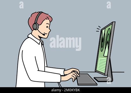 Webdesigner für Headsets arbeitet am Computer. Der man-Programmierer in den Kopfhörern sitzt am Schreibtisch, tippt auf der Tastatur vor dem Bildschirm, programmiert. Kundensupport. Minimalistisches, modernes Vektordesign. Stock Vektor