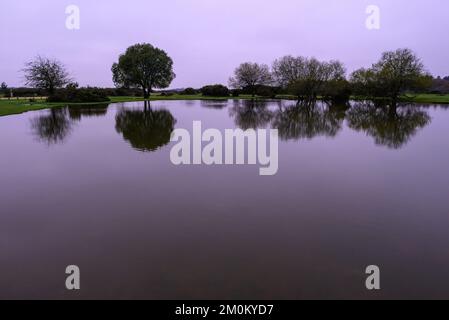 Janesmoor Pond, Fritham, New Forest, Hampshire, Großbritannien, 7.. Dezember 2022, Wetter: Ein kalter und grauer Morgen mit Temperaturen knapp über dem Gefrierpunkt bei Tagesanbruch. Die Wolkendecke weicht einem kalten, aber sonnigen Wintertag, während sich arktische Luft aus dem Norden ausbreitet. Kredit: Paul Biggins/Alamy Live News Stockfoto